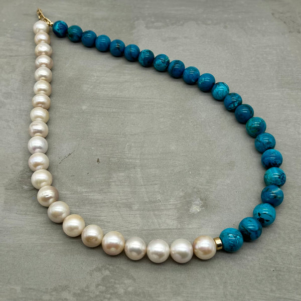 Asymmetric necklace, statement necklace, beaded necklace - Chrysocolla and Pearl