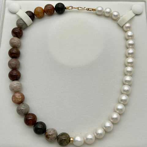 Asymmetric necklace, beaded necklace - Phantom Quartz and Pearls