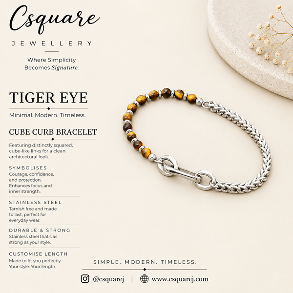 Handcrafted Statement Stainless steel bracelet - 3.5mm dainty tiger eye bracelet, Half half bracelet, Cube curb bracelet