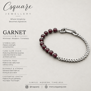 Handcrafted Statement Stainless steel bracelet - Garnet bracelet, Half half bracelet