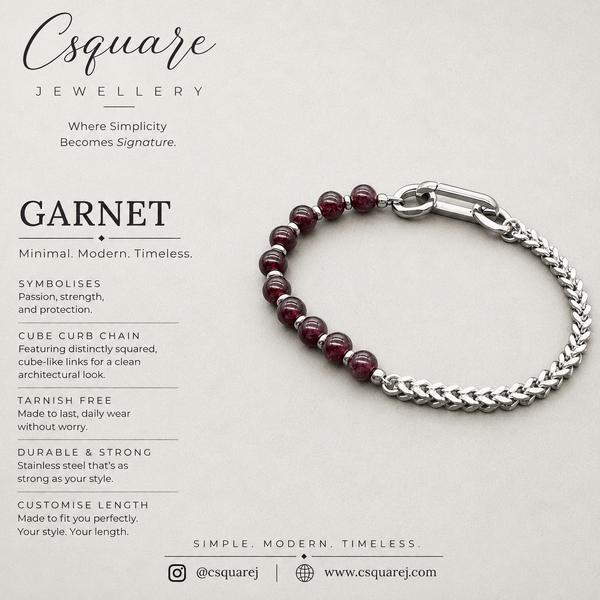 Handcrafted Statement Stainless steel bracelet - Garnet bracelet, Half half bracelet
