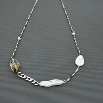 Statement Stainless steel necklace- Freshwater Pearl, Citrine