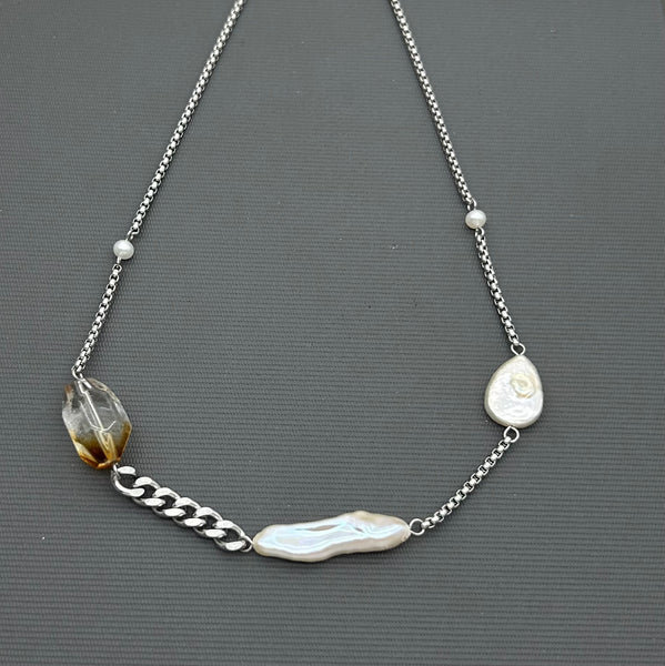 Statement Stainless steel necklace- Freshwater Pearl, Citrine