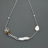 Handcrafted Statement Asymmetrical Pearl & Citrine Necklace, Stainless steel necklace, Citrine and Freshwater Pearl necklace