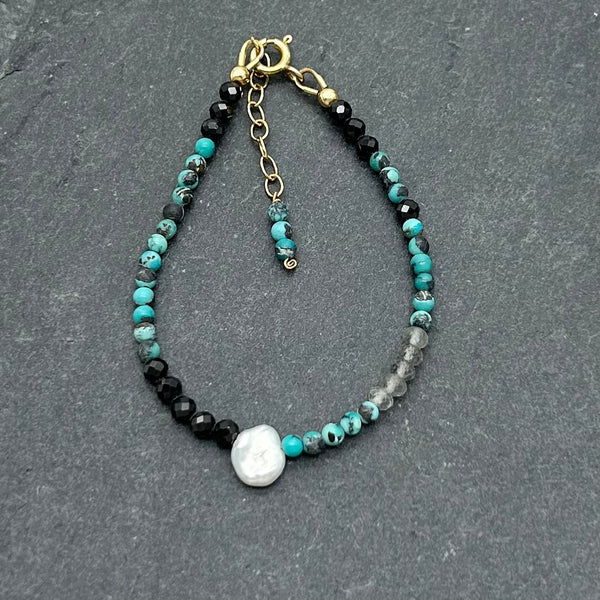 Handcrafted 14k Gold Filled Dainty Bracelet - Spinel, Turquoise, Labradorite and Pearl bracelet