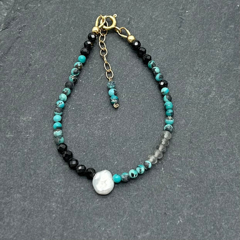 14k Gold Filled Dainty Bracelet - Spinel, Turquoise, Labradorite and Pearl