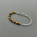 Handcrafted Statement Stainless steel bracelet - 6mm Tiger eye bracelet, Half half bracelet, Cube curb bracelet