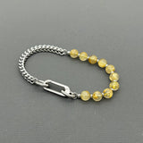 Handcrafted Statement Stainless steel bracelet -6mm Gold rutilated quartz bracelet, Cube curb bracelet, half half bracelet