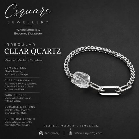 Handcrafted Statement Stainless steel bracelet - Clear Quartz bracelet, custom bracelet length