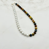 Asymmetric necklace, beaded necklace - Tiger eye and Pearls