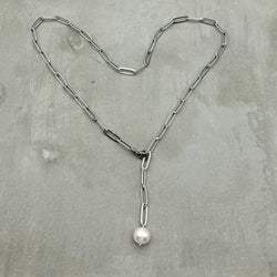 Stainless Steel Necklace - Freshwater Pearl, Y necklace, layering necklace