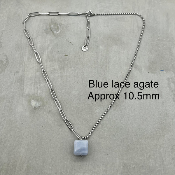 Stainless Steel half half Necklace - Blue lace Agate