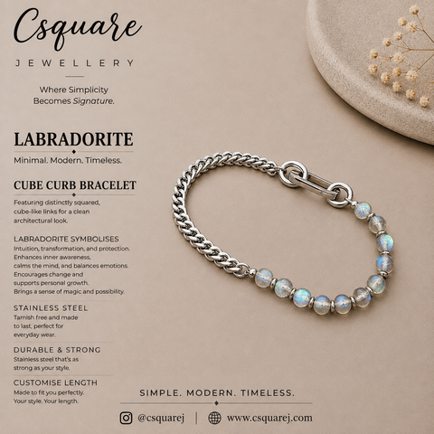 Handcrafted Statement Stainless steel bracelet -  4.5mm labradorite bracelet, Half half bracelet, Cube curb bracelet