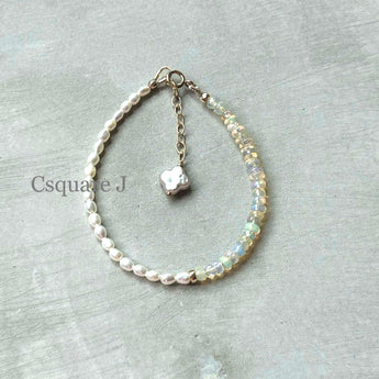 14K Gold Filled Dainty Bracelet - Opal and Freshwater Pearl
