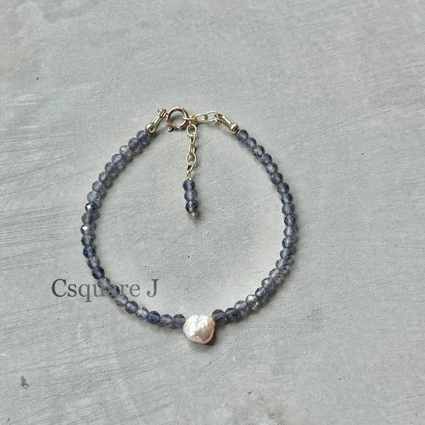 14K Gold Filled Dainty Bracelet - Iolite and Freshwater Pearl