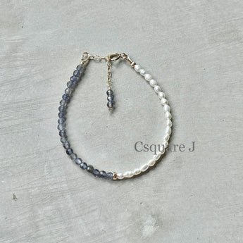 14K Gold Filled Dainty Bracelet - iolite and Freshwater Pearl