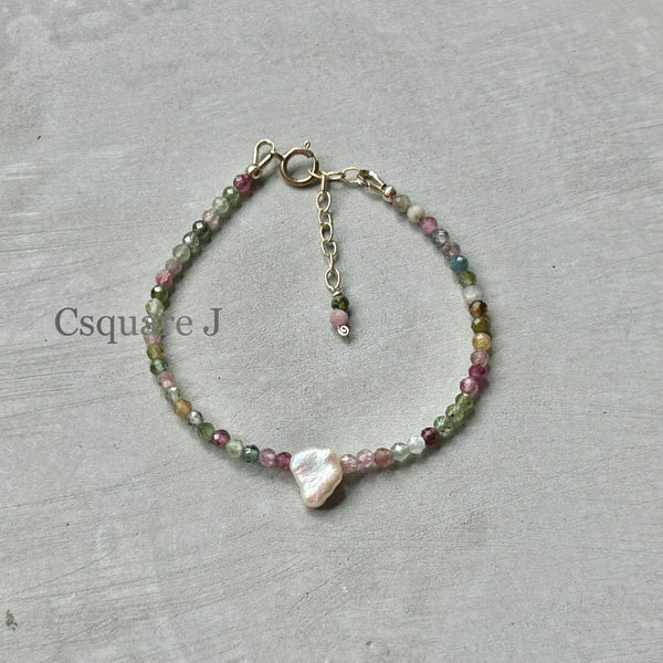 14K Gold Filled Dainty Bracelet - Tourmaline and Freshwater Pearl