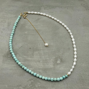 Asymmetric necklace, beaded necklace - Turquoise and Pearl