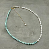 Asymmetric necklace, beaded necklace - Turquoise and Pearl