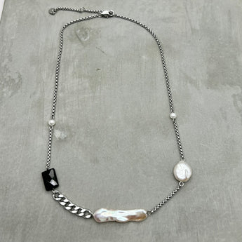 Stainless steel necklace- Freshwater Pearl, Black agate