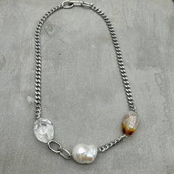 Stainless steel necklace- Baroque Freshwater Pearl,  Citrine & Clear Quartz