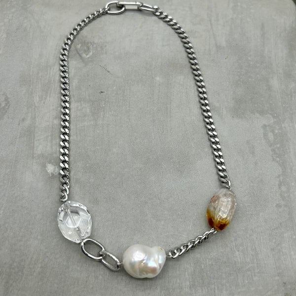 Stainless steel necklace- Baroque Freshwater Pearl,  Citrine & Clear Quartz