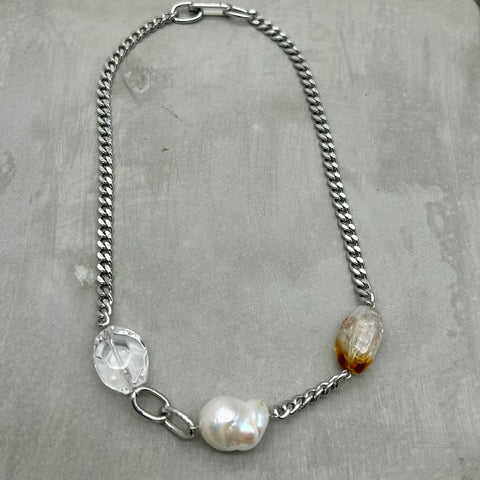 Stainless steel necklace- Baroque Freshwater Pearl,  Citrine & Clear Quartz