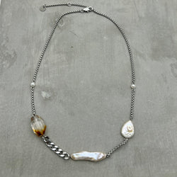 Stainless steel necklace- Freshwater Pearl,  citrine