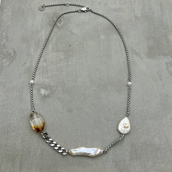 Stainless steel necklace- Freshwater Pearl,  citrine