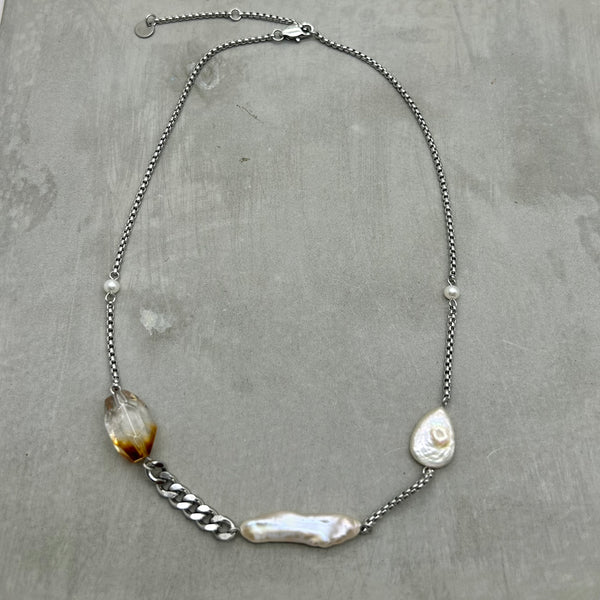 Stainless steel necklace- Freshwater Pearl,  citrine