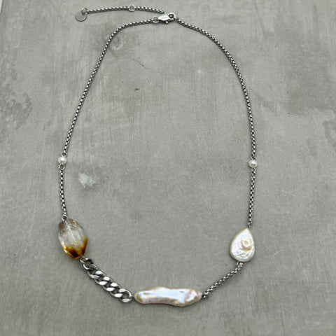 Stainless steel necklace- Freshwater Pearl,  citrine