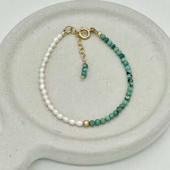 14K Gold Filled Dainty Bracelet - Turquoise and Freshwater Pearl