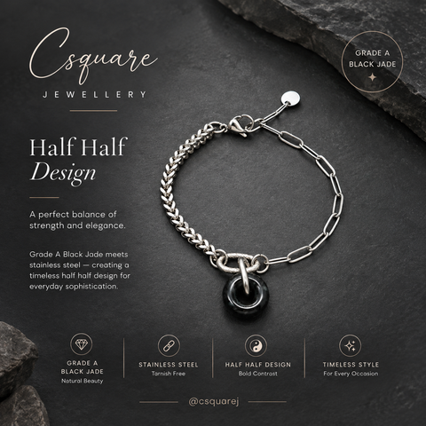 Statement Stainless steel half half bracelet - Black Jade bracelet