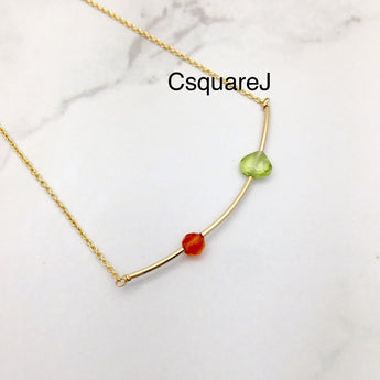Carnelian & Peridot, Bar necklace - August Birthstone, 14k Gold filled