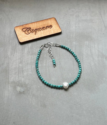 925 Sterling Silver Dainty Bracelet - Turquoise and Pearl