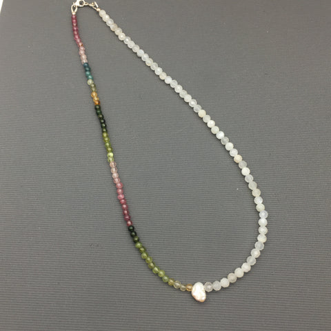Dainty Asymmetric necklace, beaded necklace - Moonstone & Spinel