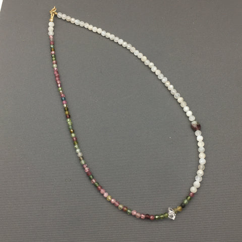 Dainty Asymmetric necklace, beaded necklace - Moonstone & Tourmaline