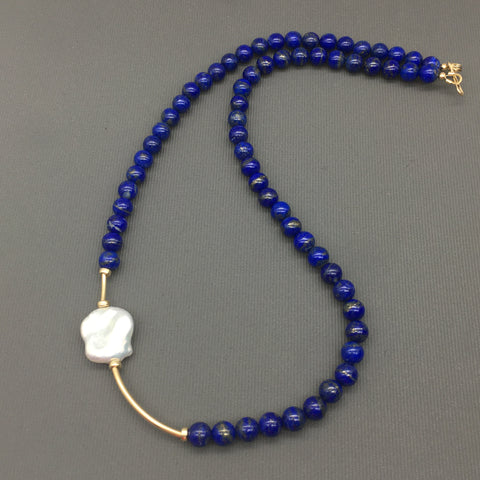 Asymmetric necklace, Statement necklace - Lapis Lazuli and Freshwater Pearl